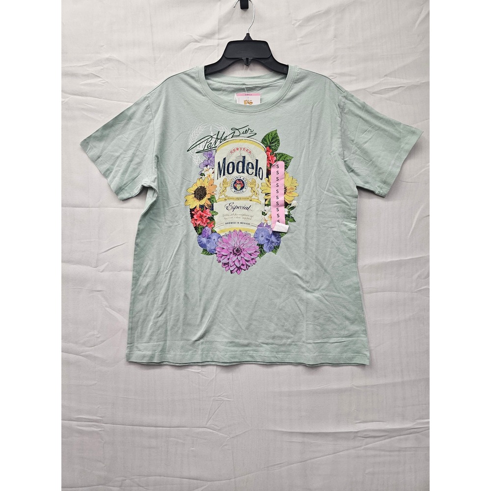 Modelo Especial Beer Graphic Tee Shirt Womens Small Green Floral Cotton‎ New